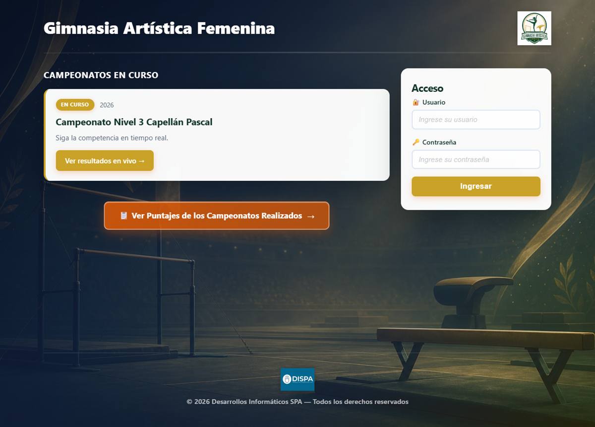 Sistema de campeonatos de gimnasia artística: resultados en vivo y acceso.