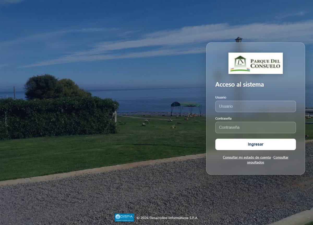 Pantalla de acceso de Parque del Consuelo, un sistema DISPA en operación.